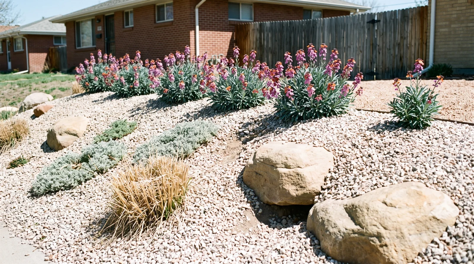 A wide view of a sunny gravel garden on a dry raised bank, wallflowers planted along the top where water drains away fastest