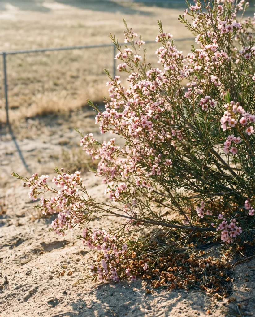 A large Geraldton wax shrub in full pink flower on a dry sandy slope in a Vista, California garden at sunrise