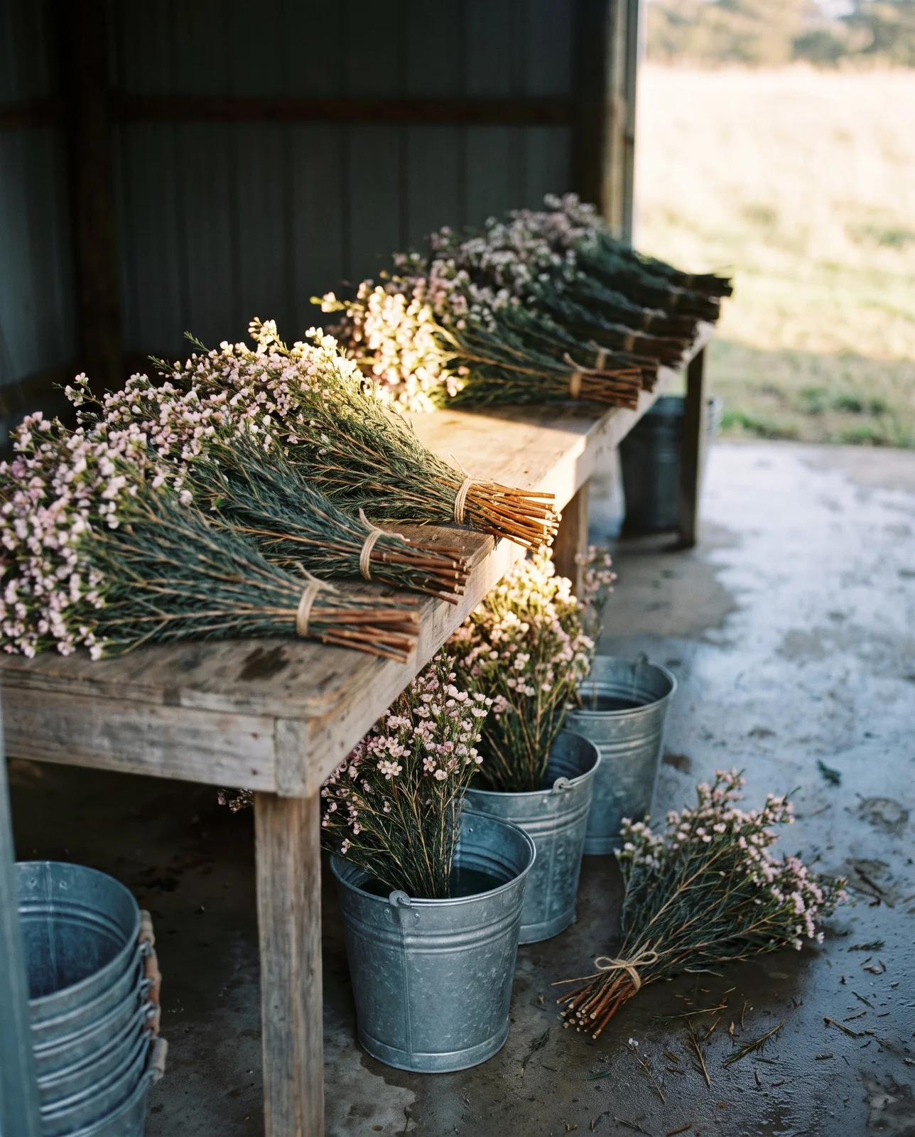 Graded bunches of cut waxflower stems tied with twine on a scrubbed bench and standing in galvanised buckets in a dim open-sided packing shed