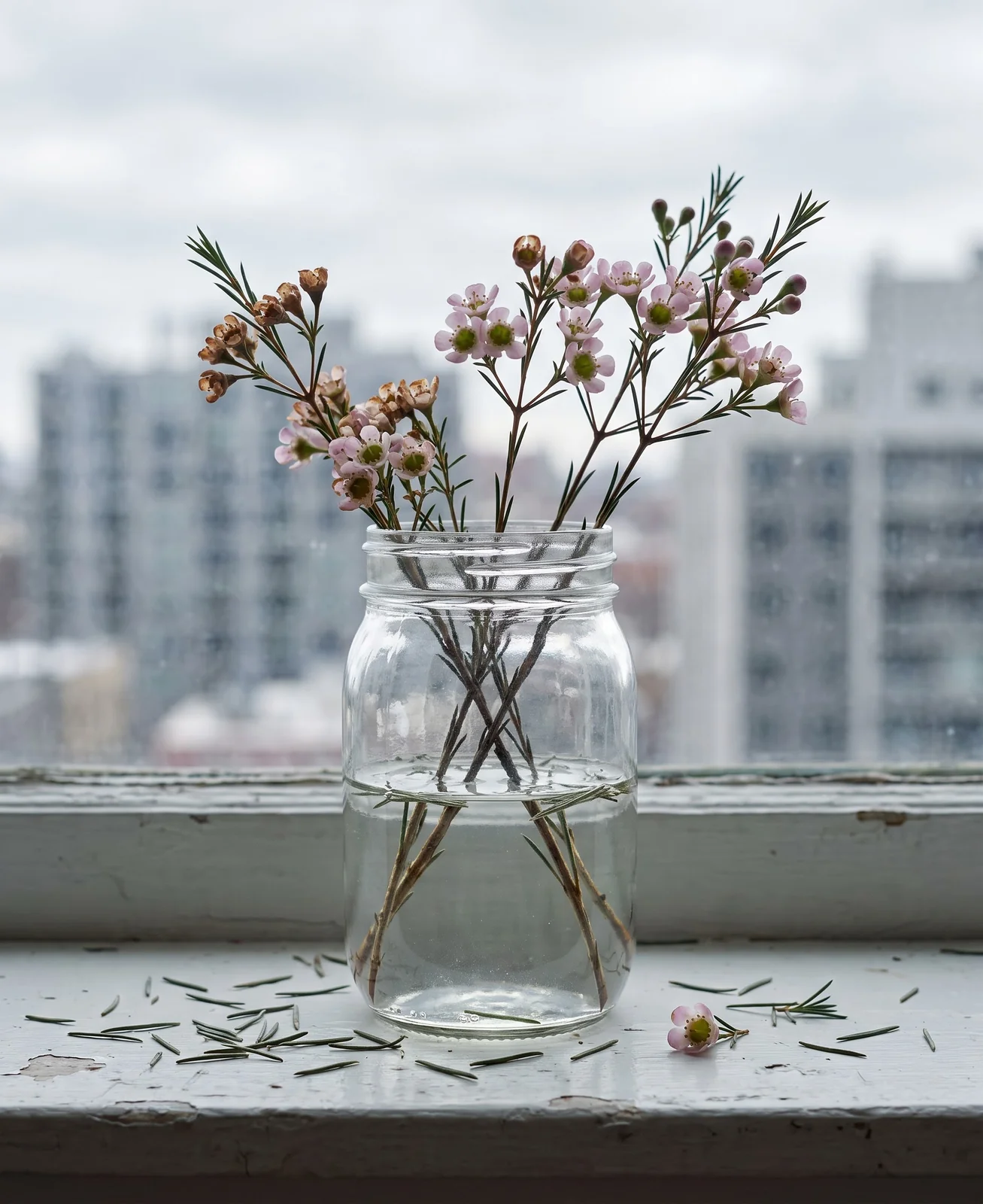 A jar of waxflower stems on a cold north windowsill on the ninth day, still standing but shedding needles with some flowers browned