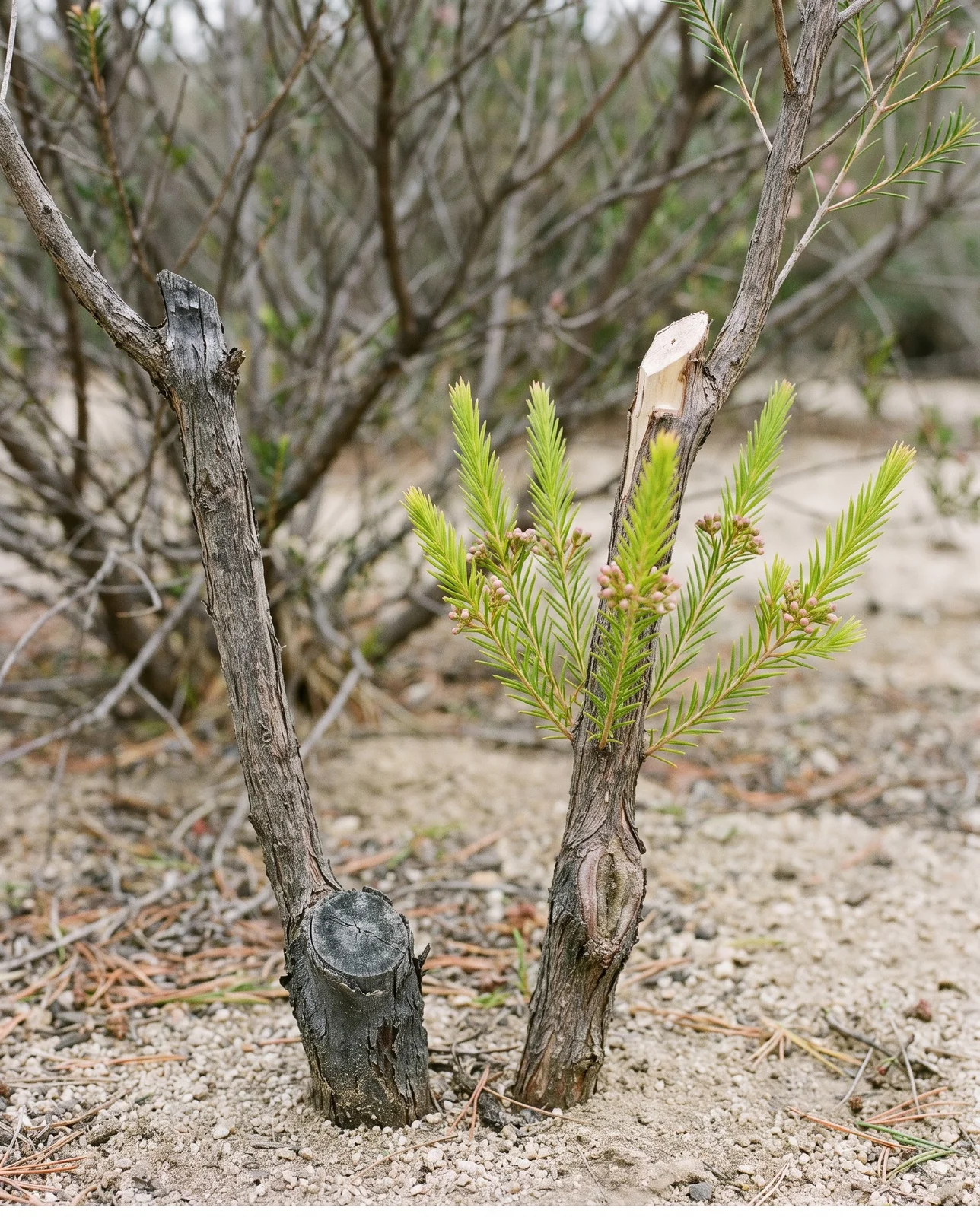 Two waxflower stems compared, one cut low into bare grey old wood and dead below the cut, one cut higher in green wood with new shoots
