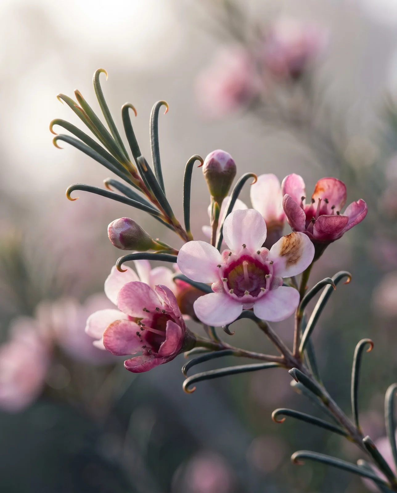 Macro of a waxflower twig showing needle leaves with tiny hooked tips and open five-petalled waxy stars with a green centre