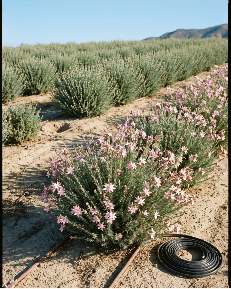 One row of Blondie waxflower already in flower while the rows behind it stand in tight bud, low early-season light