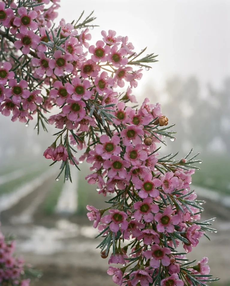 Mid-pink Jubilee waxflower flowers beaded with dew on a hazy coastal morning at a field edge