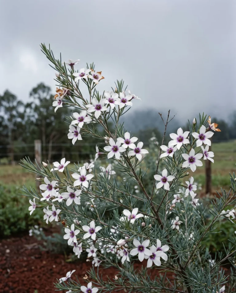 White Lady Stephanie waxflower flowers each with a distinct purple centre, on an upcountry Maui slope under cloud