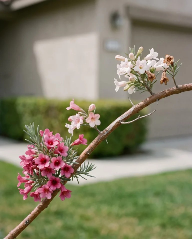 A two-tone Laura Mae waxflower carrying deep pink and near-white flowers on the same twig