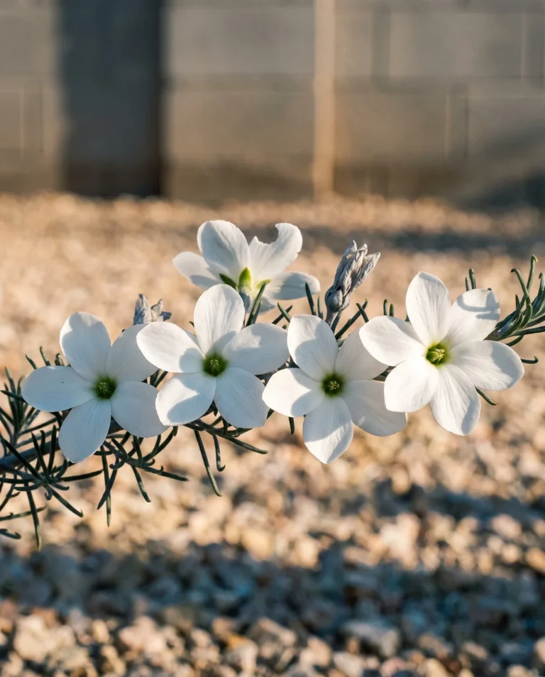 Close portrait of Orchid waxflower showing six white petals and a clear green centre on every open flower