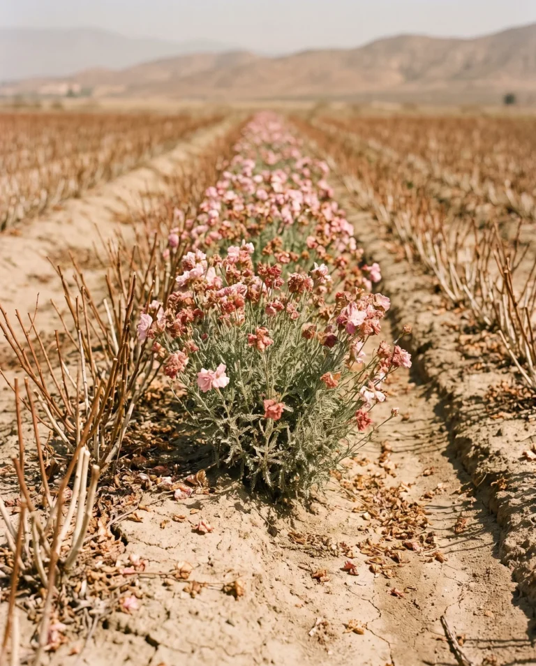 The last waxflower row still in bloom in late March while the rows on either side stand cut back to pale stubs