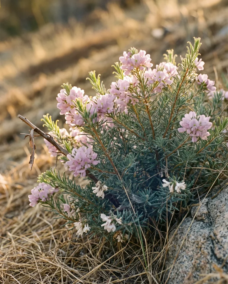 A soft pale pink Purple Gem waxflower on a dry slope in warm golden-hour light