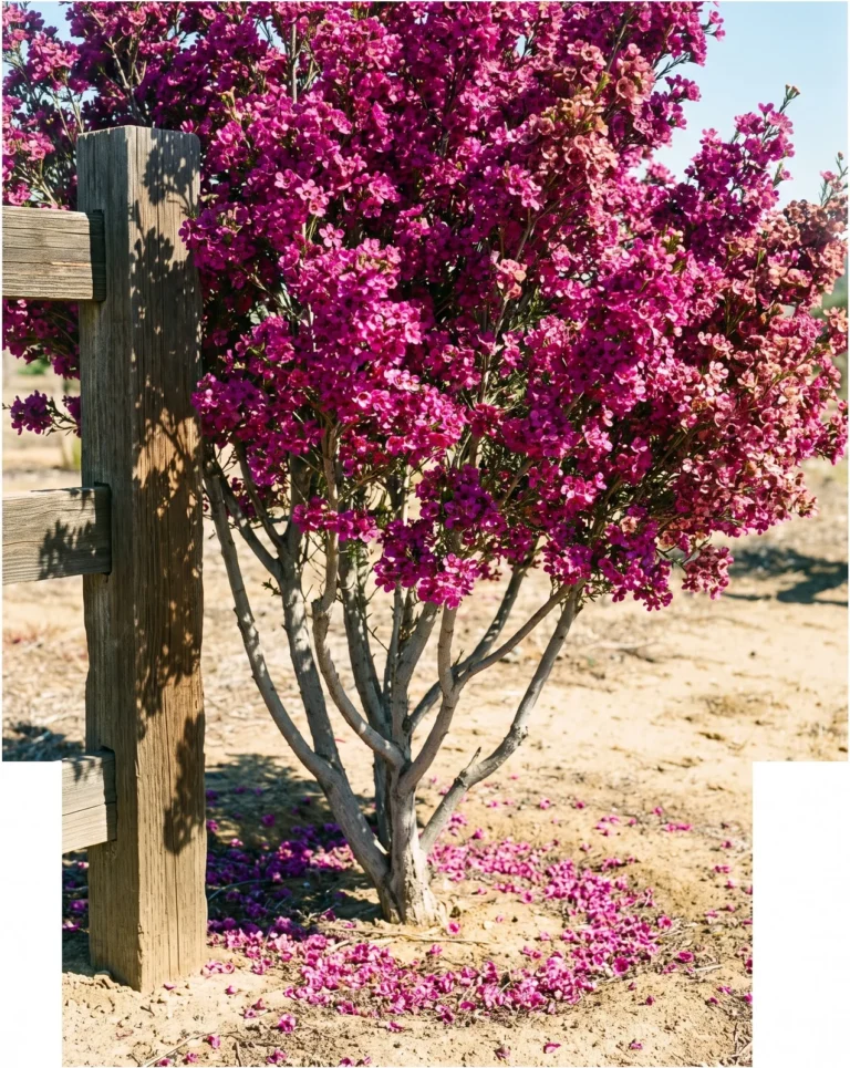 A tall Purple Pride waxflower covered in deep magenta-purple flowers beside a plain fence post for scale in hard afternoon sun