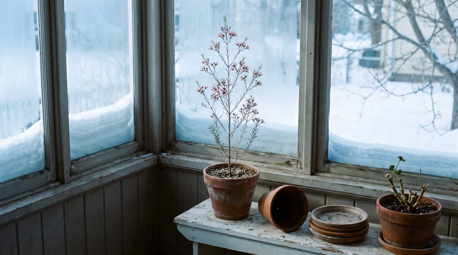 A potted waxflower in flower on a bench in a cold enclosed sunporch in Maine with snow visible outside the glass