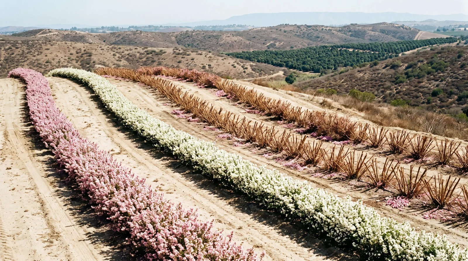 Long rows of flowering waxflower following the contours of dry hills near Bonsall, California under hard midday sun