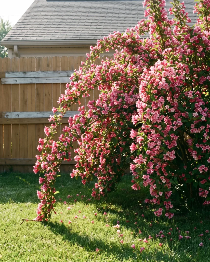 Large arching weigela in heavy spring bloom at the edge of a mown suburban lawn, branches bending to the grass