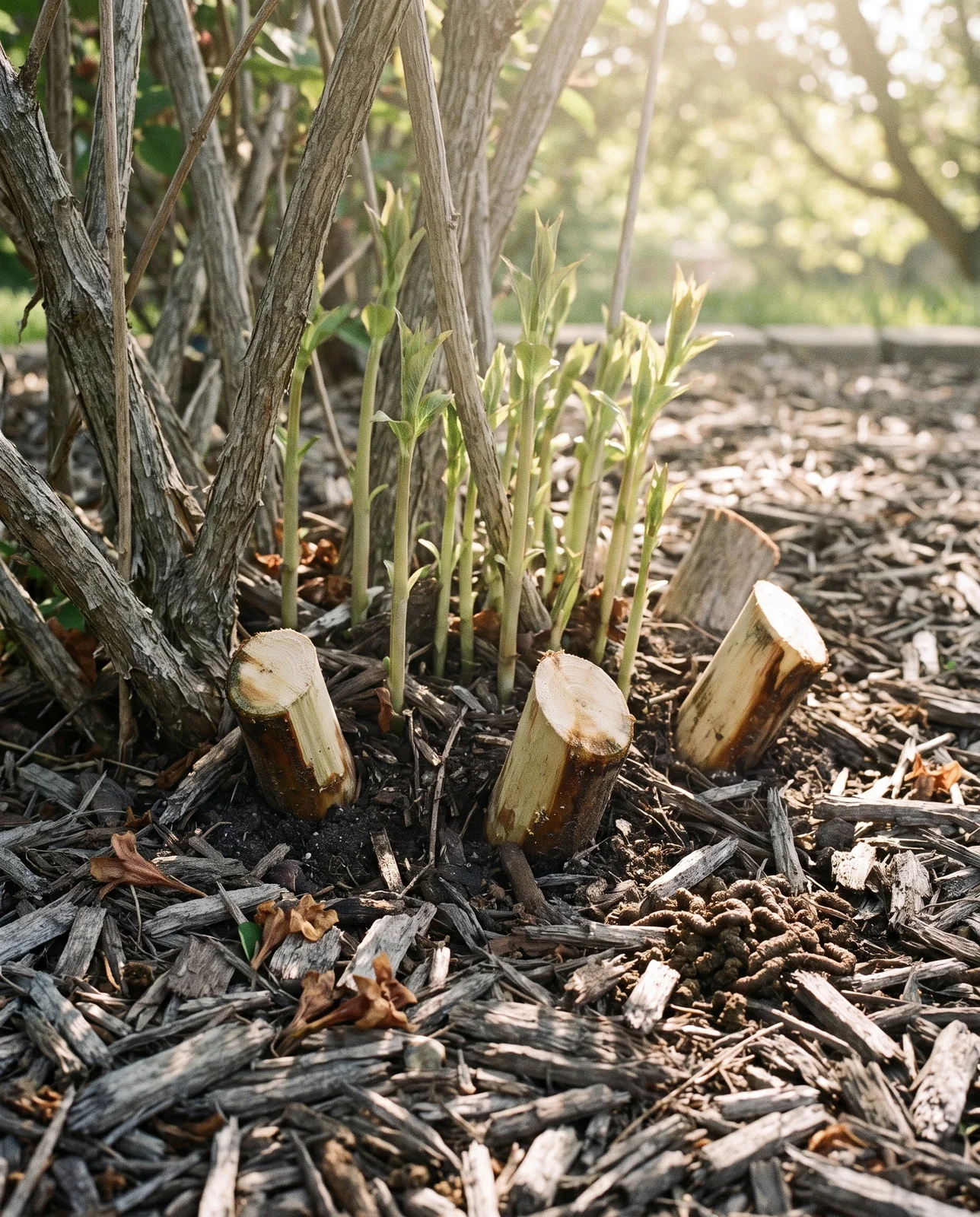 Base of a mature weigela with several thick old canes cut off at soil line and fresh shoots rising between them