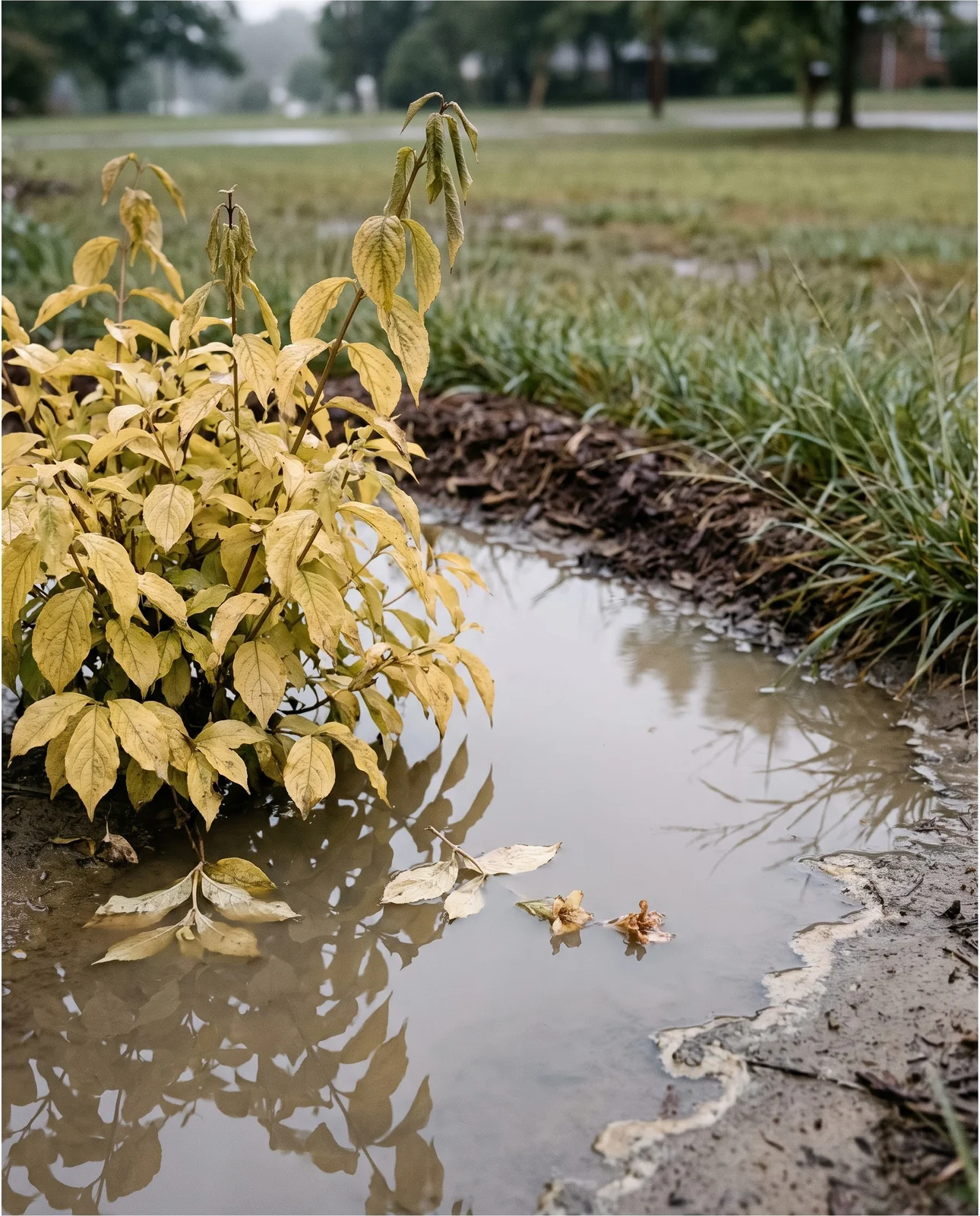 Weigela yellowing in a low wet spot with standing water and saturated clay around its base