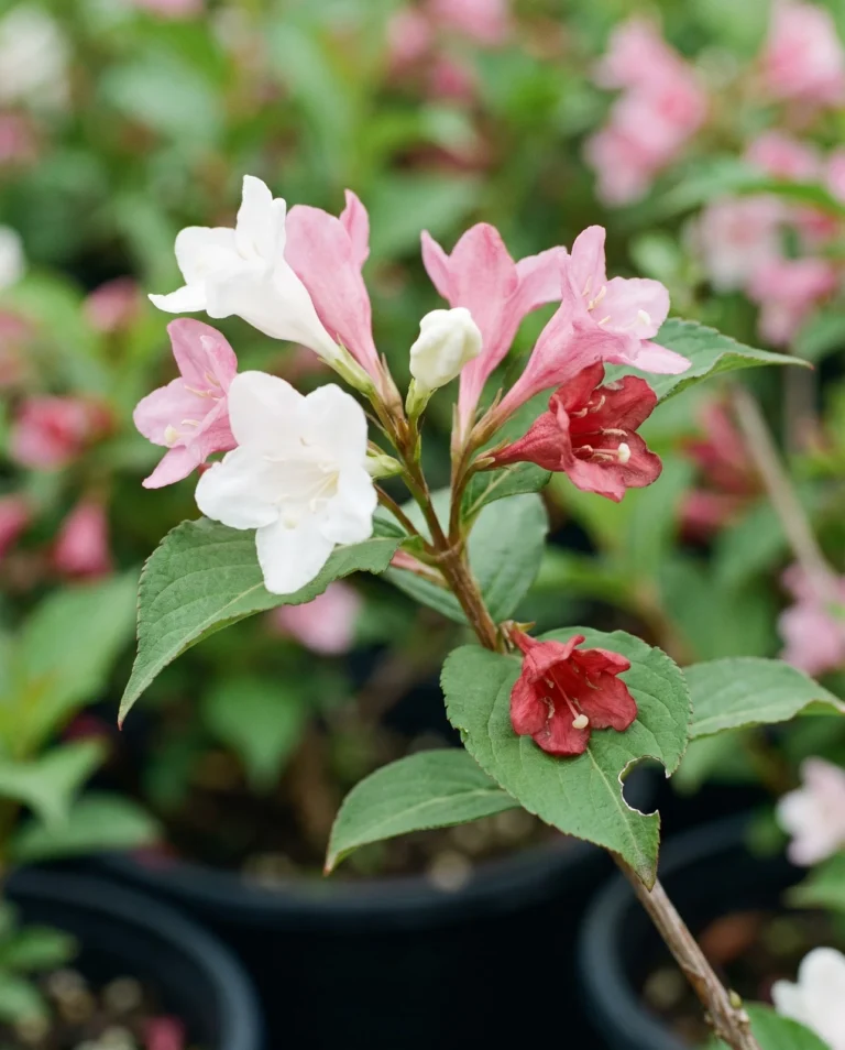 Czechmark Trilogy weigela cluster showing white, pink and red flowers of different ages together