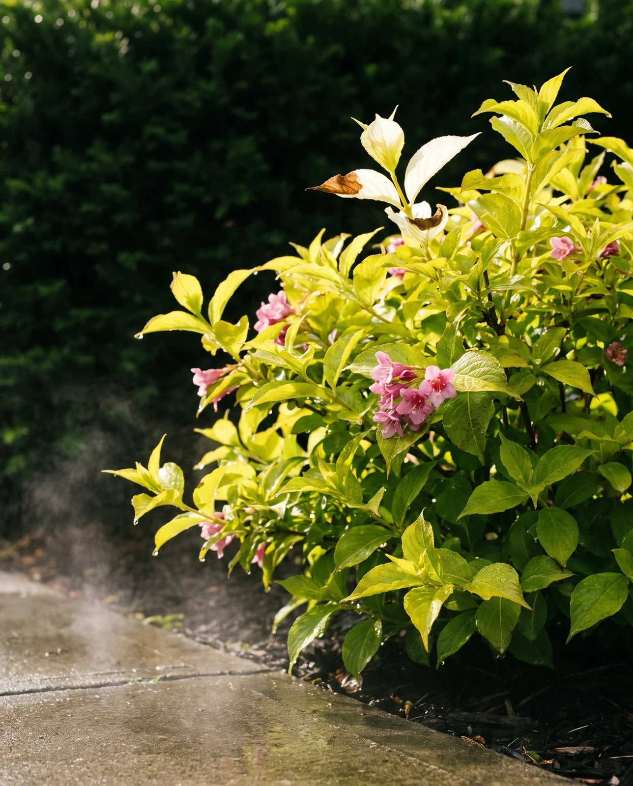 Chartreuse gold-leaved weigela glowing against a dark evergreen backdrop after rain
