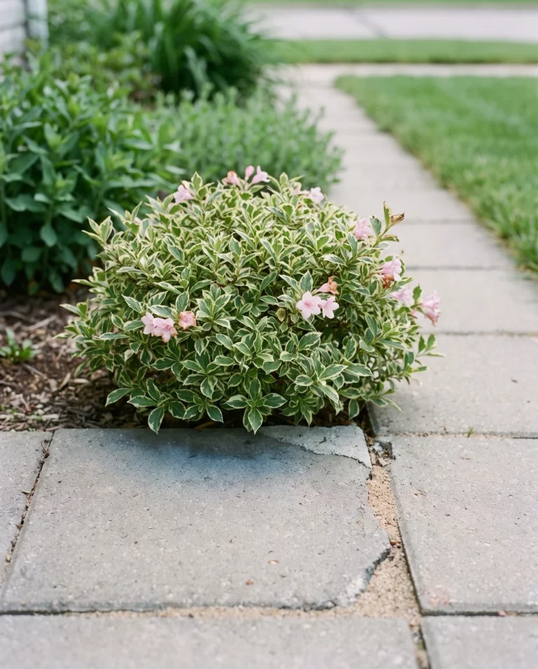 Very small My Monet weigela, barely over a foot tall, with soft pink flowers at the front edge of a bed