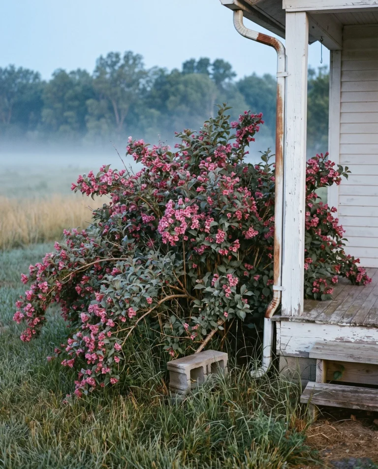 Very large old-fashioned species weigela sprawling far wider than tall beside a farmhouse porch