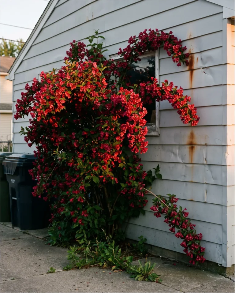Tall Red Prince weigela with deep red flowers reaching above a garage window