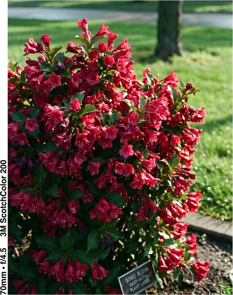 Upright mounded Sonic Bloom weigela in heavy lipstick red flower in a garden bed