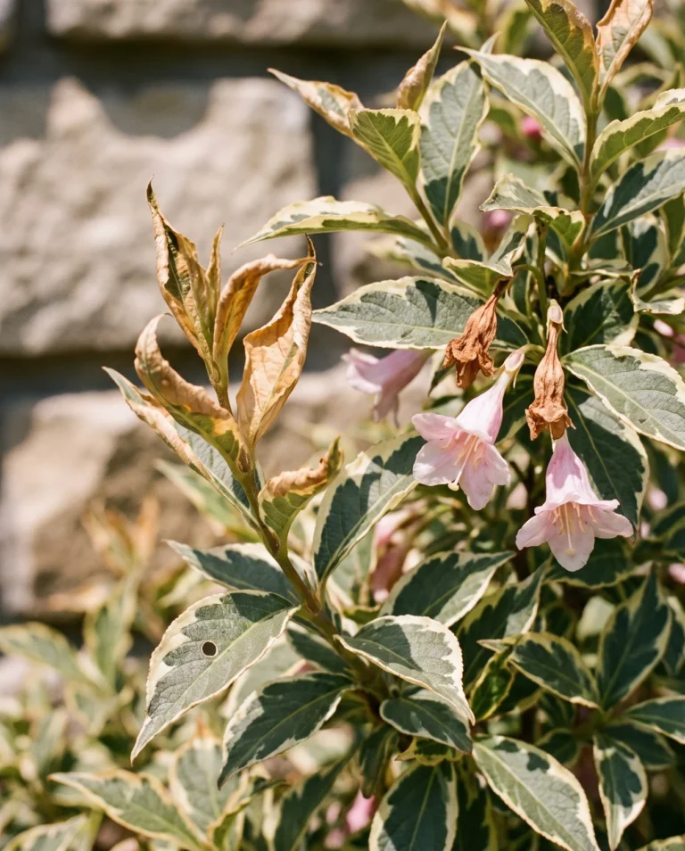 Variegated weigela leaves edged in cream with pink flowers, one shoot scorched at the tips