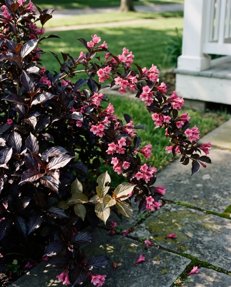 Wine and Roses weigela with dark purple foliage and rosy pink flowers in a sunny bed