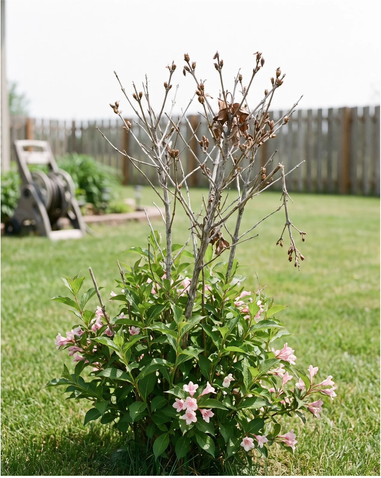 Weigela leafed out at the base but dead and bare through its upper third after a hard winter