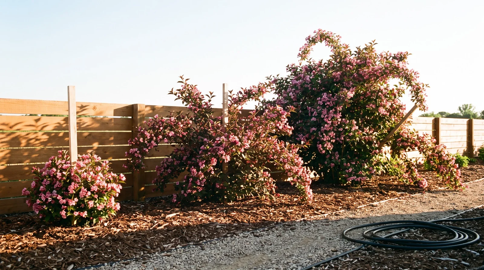 Dwarf, mid-sized and full-sized weigelas standing side by side against a low fence for scale