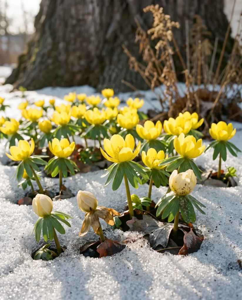 A drift of yellow winter aconite cups with green bract collars open through granular snow and oak litter at the foot of a bare oak