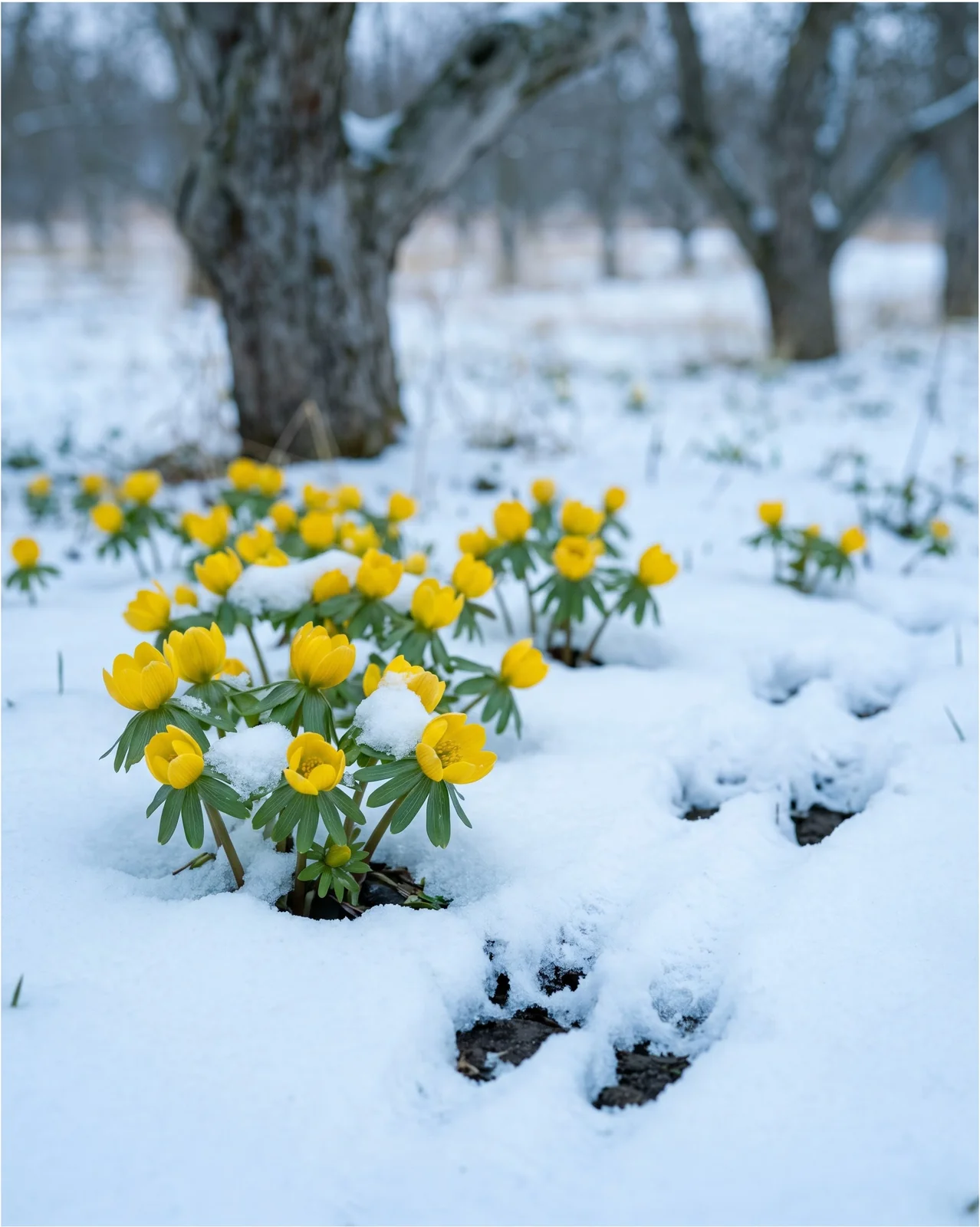 Split-hoof deer tracks crossing fresh snow within inches of an untouched patch of flowering winter aconite
