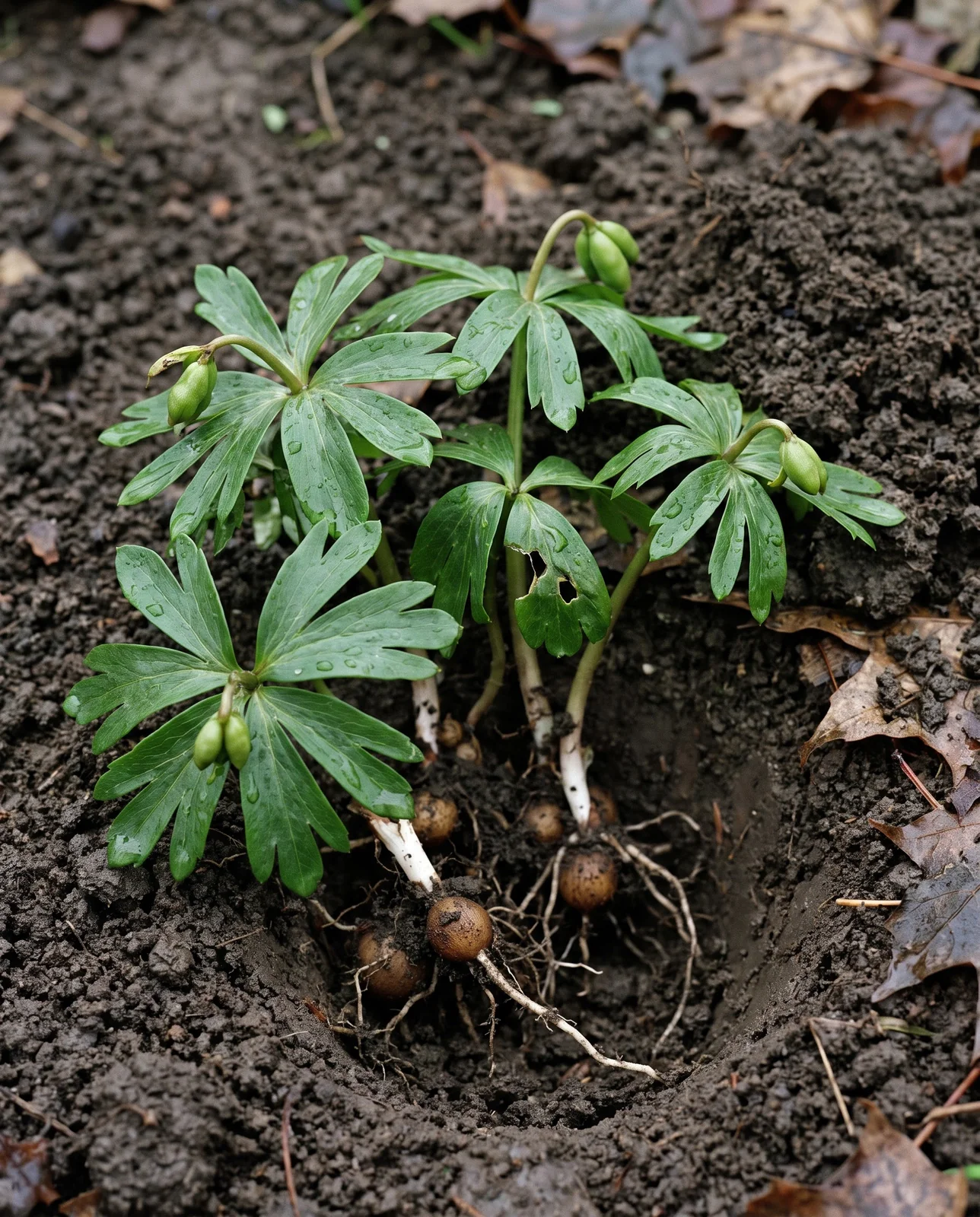 A divided clump of winter aconite still in full green leaf lying on damp soil beside an open planting hole in April