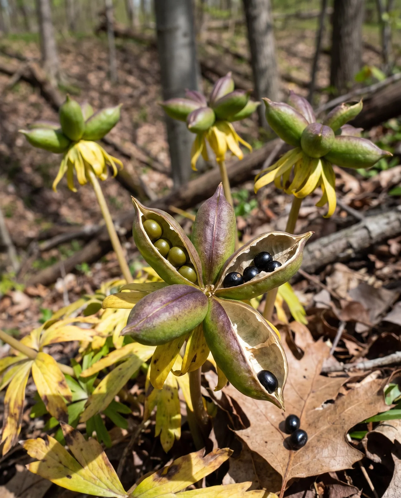 Split winter aconite seed follicles in late April with the seeds inside turning from olive green to glossy black