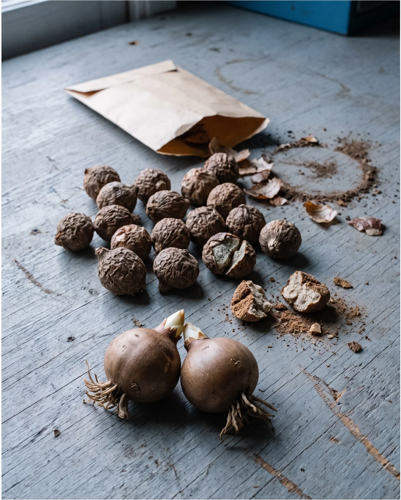 Hard shrivelled winter aconite tubers spilled from a plain paper packet on a cold garage bench beside two plump ones