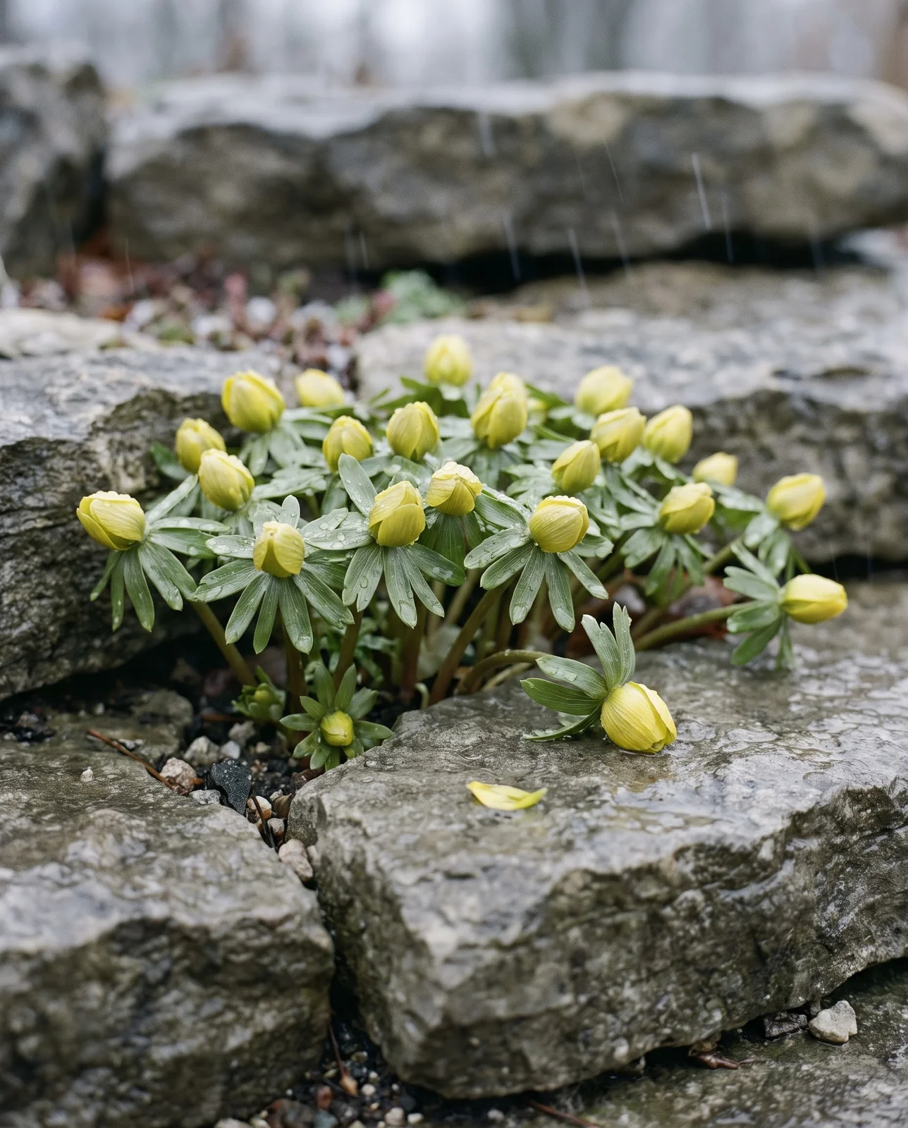 The same winter aconite plants two days later with every flower drawn shut into a pale knot under freezing sleet