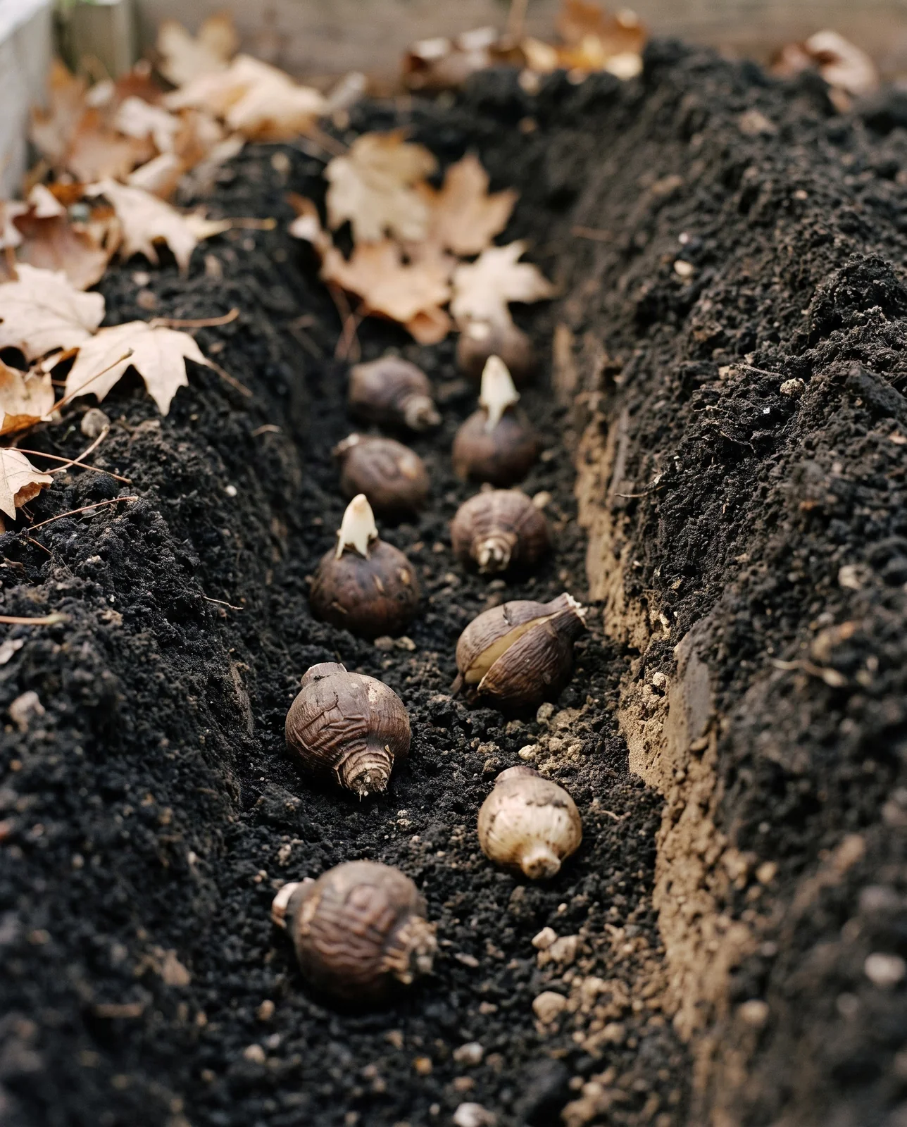 Small brown winter aconite tubers laid three inches apart in a shallow open drill in dark autumn soil