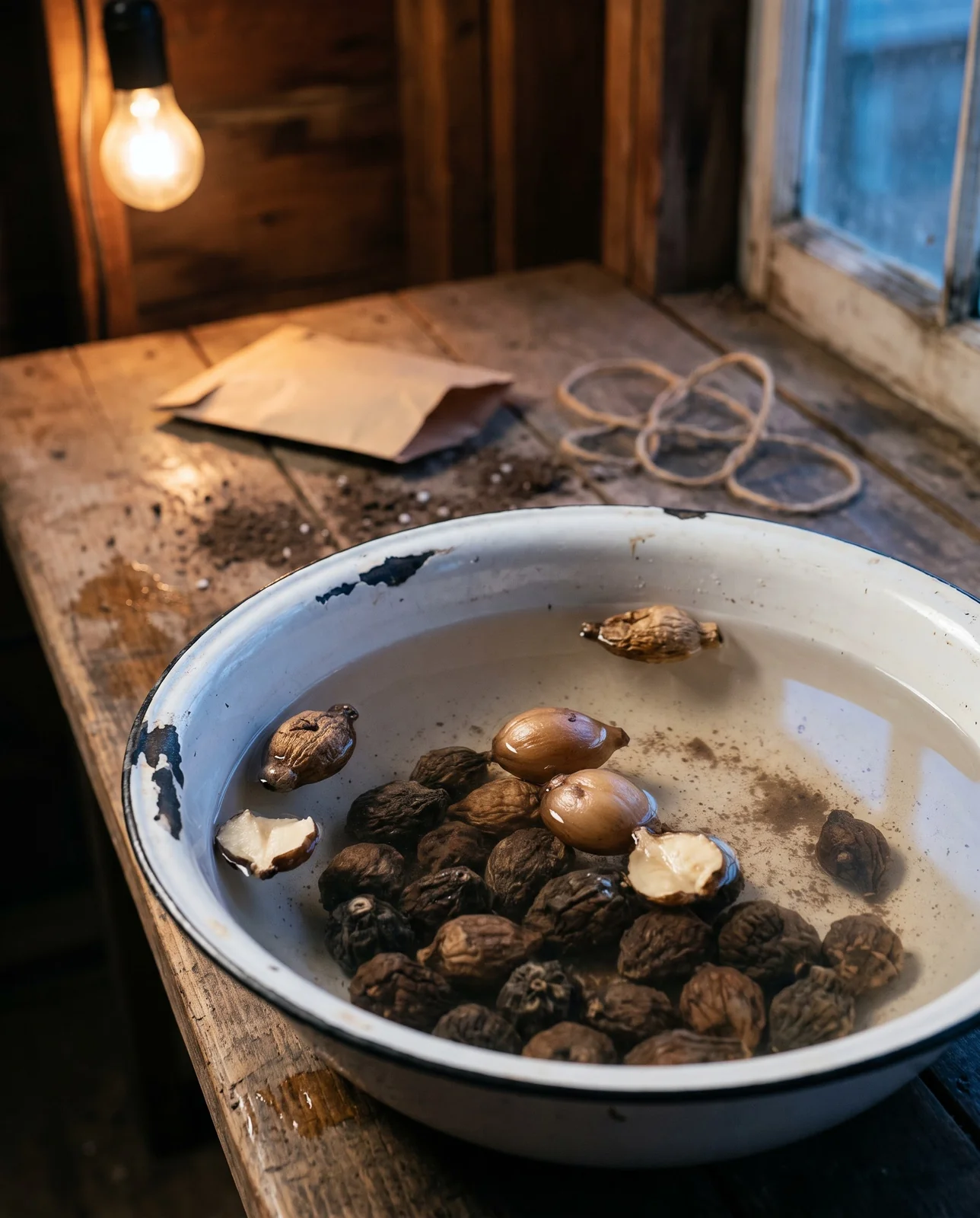 Shrivelled winter aconite tubers swelling in a bowl of lukewarm water on a cold shed bench in the evening