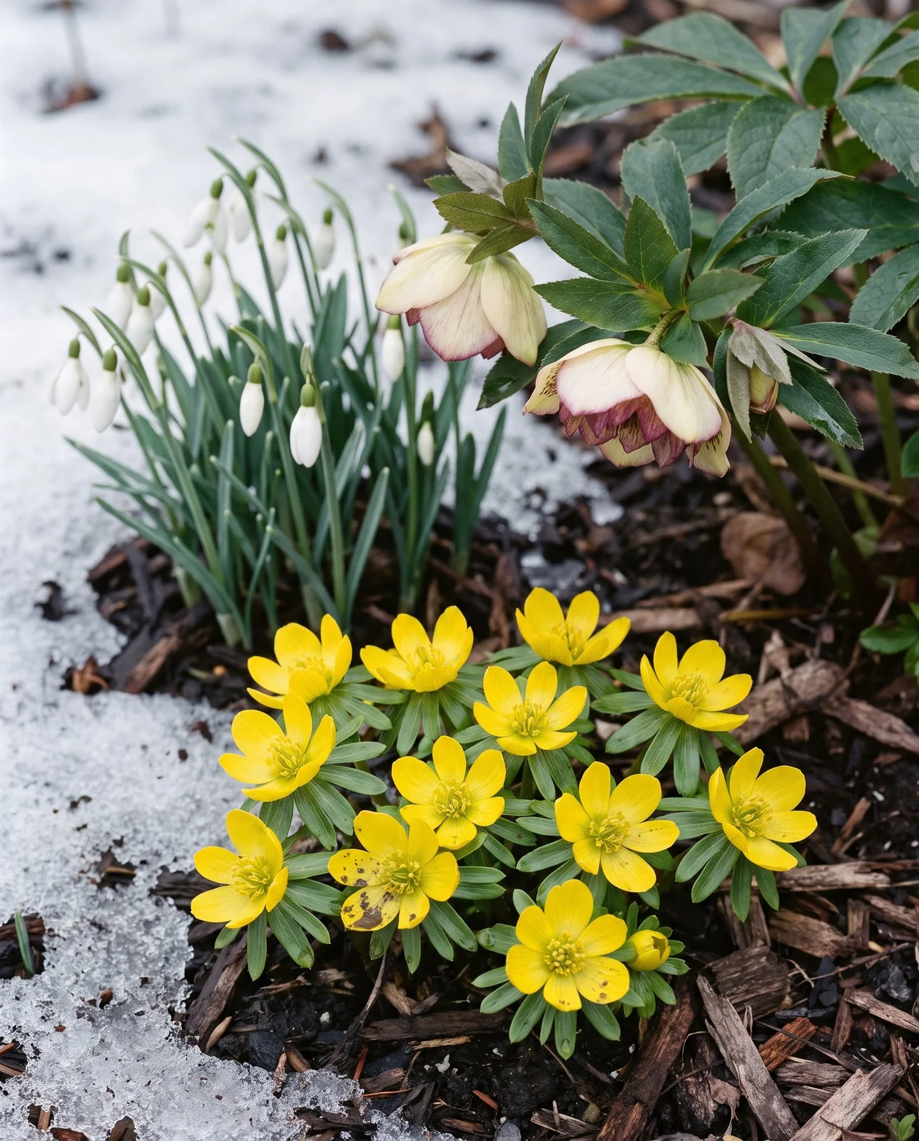 Yellow winter aconite cups flowering beside white snowdrops and a dark hellebore in an early March woodland bed