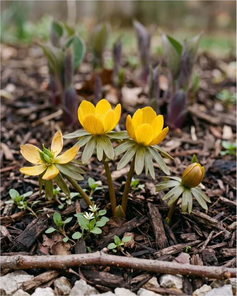 Record picture of Eranthis cilicica flowering in late March, taller and later, on warm worked soil with weeds already up