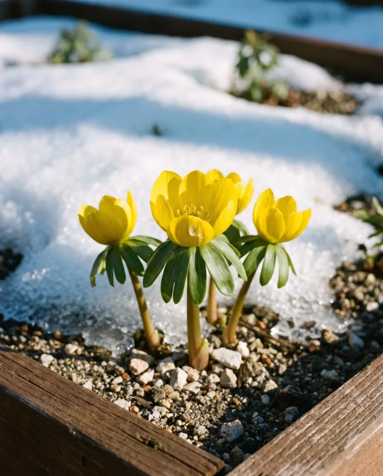 Portrait of the sterile hybrid Eranthis x tubergenii with a larger, thicker deep yellow cup on a stout stalk