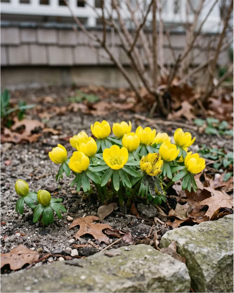 Record picture of Eranthis hyemalis in flower in the first week of February with bare cold soil and unrotted autumn leaves around it