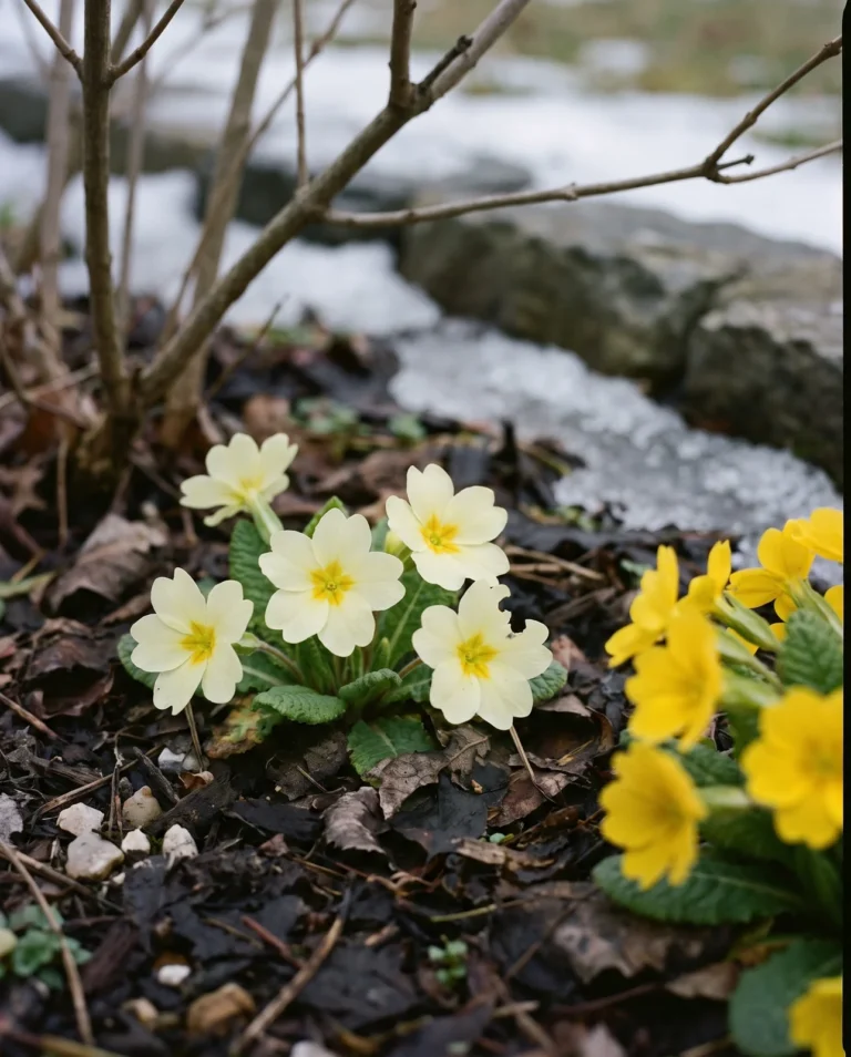 Portrait of the pale selection Moonlight, washed light yellow cups beside the deeper yellow of the ordinary species