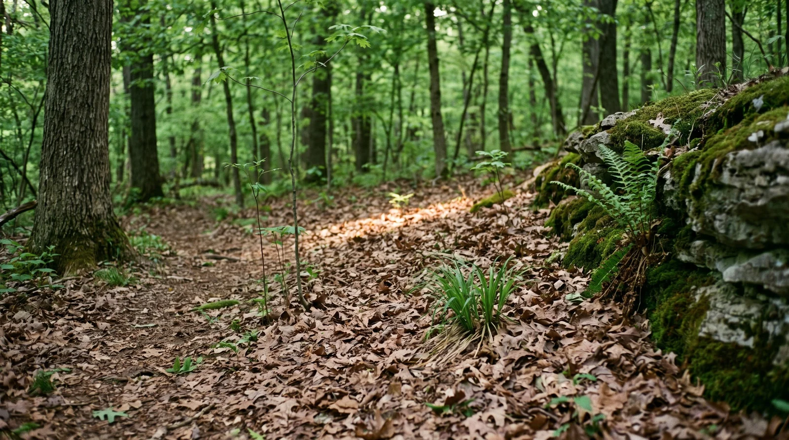 The same limestone woodland floor in late May showing only leaf litter and green shade where the winter aconite carpet had been