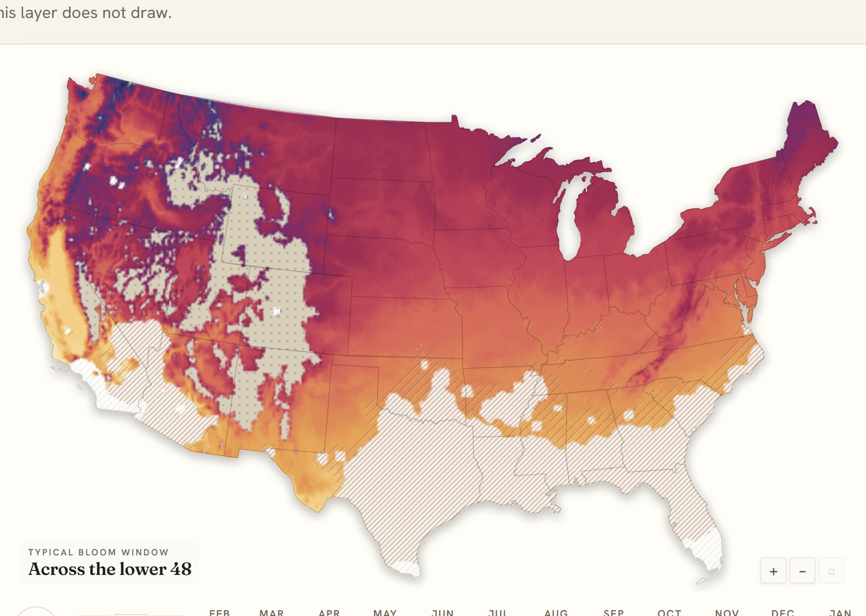 Interactive map of the United States coloured by when geranium blooms, gold in the south through to deep purple in the north
