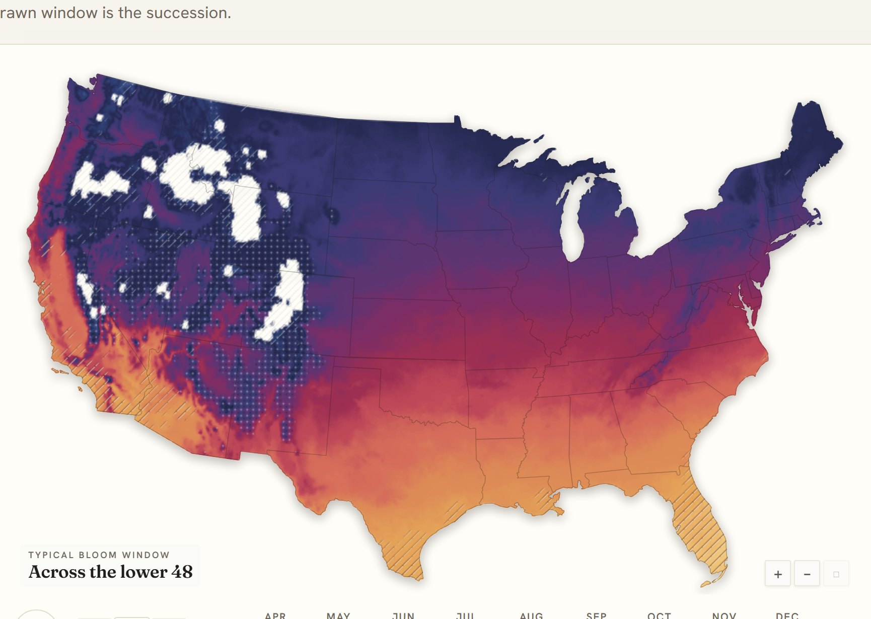 Interactive map of the United States coloured by when gladiolus blooms, gold in the south through to deep purple in the north
