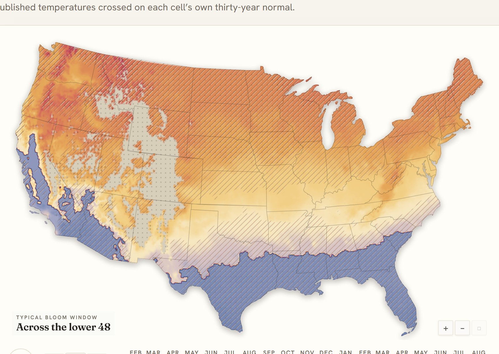 Interactive map of the United States coloured by when pansy blooms, gold in the south through to deep purple in the north