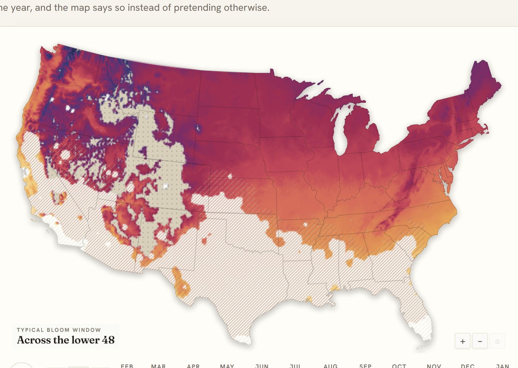 Interactive map of the United States coloured by when petunia blooms, gold in the south through to deep purple in the north